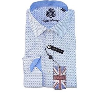 English Laundry Men’s Blue Patterned Long-Sleeve Dress Shirt 17.5 36/37